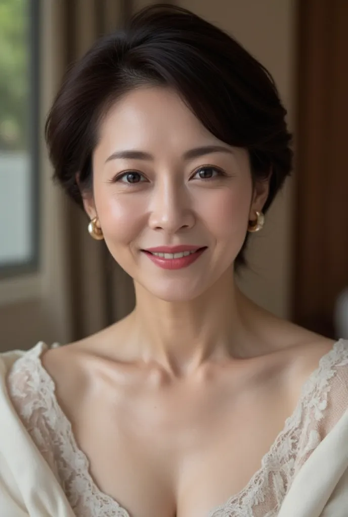   mature woman、  Japanese、48 years old (Mature Beauty: 1.5)、 kind, Enchanting Smiles 、( nasolabial folds :1.4)、  Natural Aging  、Warm Eyes 、(  upper body close-up shot :1.3)、  Soft  , Natural wrinkles 、  clean skin (1.4)、  very detailed (1.4)、 Unmatched Be...