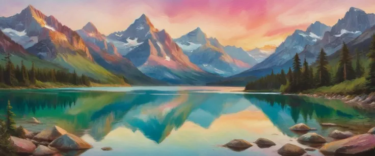 lake in the mountains. detailed,  Dreamy ,  Watercolor painting ,  made in a pastel color palette with blue, green and pink gradient shades,  vintage aesthetic ,  and dynamic splashes throughout the , ( best quality ,4K,8 k, high resolution, masterpiece:1....