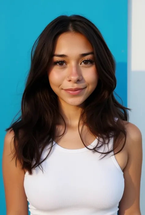 Portrait of a young woman ( from the chest up ),   with a uniform background that varies between blue and white . , , , suggesting direct lighting that seems to come from the front or slightly from one side.   posture The protagonist wears a white tank top...