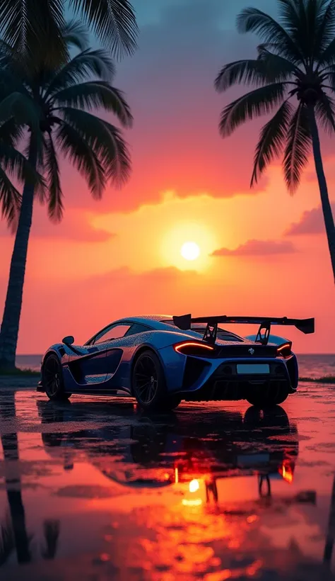  The image shows a spectacular sunset with vibrant orange and blue tones,  reflected on a wet surface ,  and a modern sports car parked in the foreground . Tall palm trees frame the scene ,  which contributes to the tropical environment .