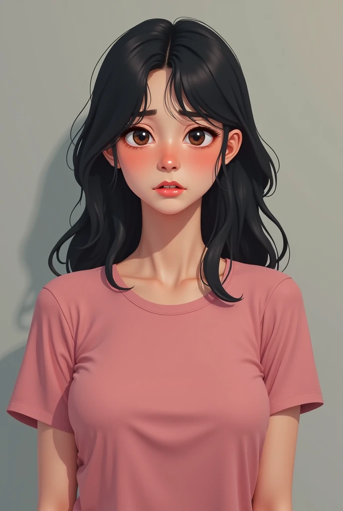 woman in pink t-shirt, she is sad