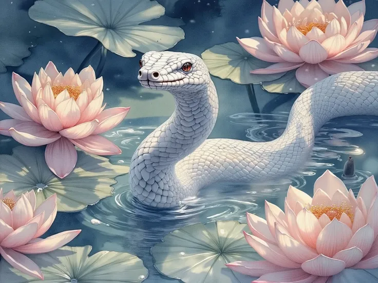 a watercolor painting of a beautiful white snake surrounded by water and lotus, bright color, rain drops on water surface, paint spilling, thick stroke brush lin85