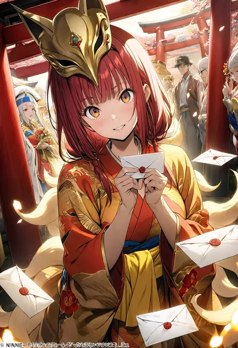 ( 60 years old,   top quality,   borrowed letter  ,  official art ,  beautiful and aesthetic :1.2) Torii gate , Priestess mask from Santuário Fundo, nine-tailed fox,  Nine-Tailed Fox Woman, Higanbana Flowers , red and gold kimono,  red hair,  golden eyes, ...