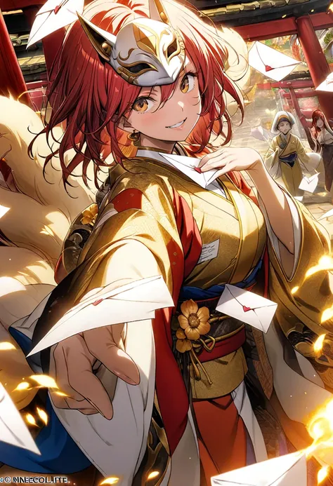 ( 60 years old,   top quality,   borrowed letter  ,  official art ,  beautiful and aesthetic :1.2) Torii gate , Priestess mask from Santuário Fundo, nine-tailed fox,  Nine-Tailed Fox Woman, Higanbana Flowers , red and gold kimono,  red hair,  golden eyes, ...