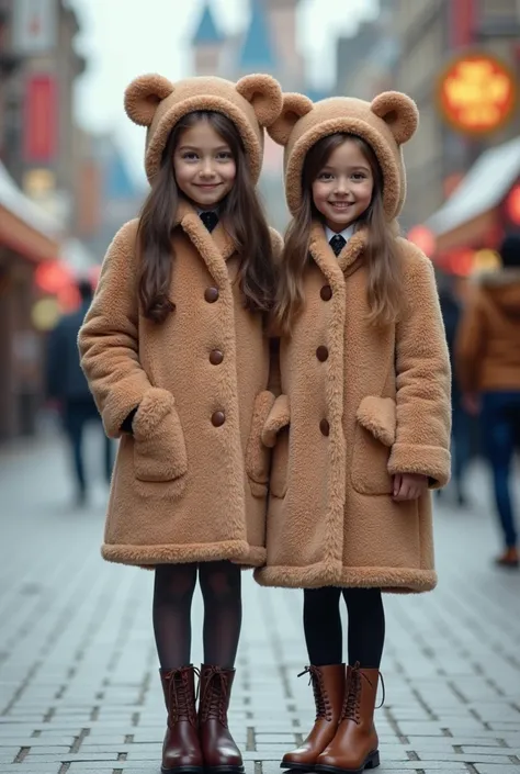 Full body portrait of 16 yrs old two beautiful  Caucasian supermodels. One has gray eyes. The other has brown eyes.Winter outfit、MaxMara teddy bear coat、 at Tokyo Disneyland 、 high resolution,  is anatomically correct,  super high heels, movie, movie撮影,  S...