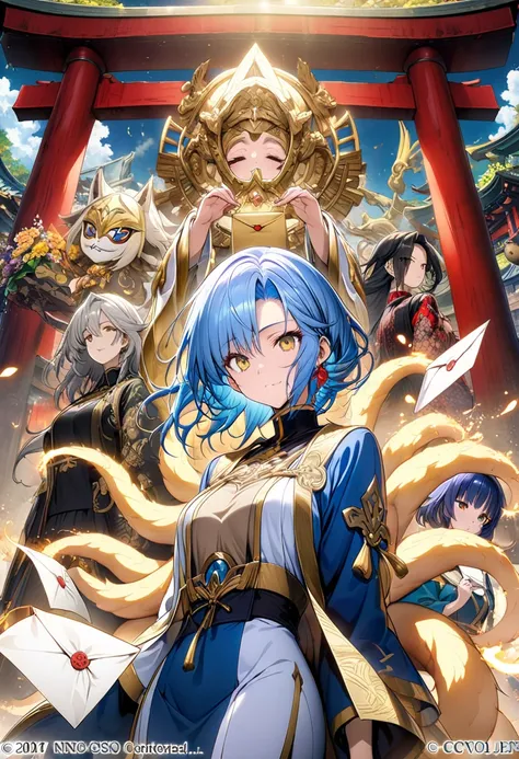 ( top quality,  borrowed letter  ,  official art ,  beautiful and aesthetic :1.2) Torii gate ,  priestess mask from the sanctuary fund, nine-tailed fox, mulher nine-tailed fox, Higanbana Flowers , blue and gold kimono ,  blue hair,  golden eyes,  fair skin...