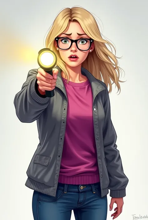 Create a white character ,  with blond hair, who wears glasses.  Her clothes must be magenta with a gray coat over the top and jeans. She holds a flashlight pointed forward and her face is scared. The style of the image should be an almost realistic drawin...