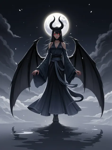 (masterpiece, high resolution, dark:1.2), Ominous silhouette of a malevolent demon, (breath:1.1), (Glittering red eyes:1.3) Penetrating Shadows, (Flowing ebony hair:1.2) Sharp horns cascade down from her forehead, (Scary black wings:1.2) expanded, Casting ...