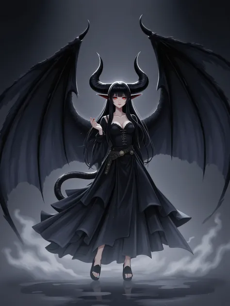 (masterpiece, high resolution, dark:1.2), Ominous silhouette of a malevolent demon, (breath:1.1), (Glittering red eyes:1.3) Penetrating Shadows, (Flowing ebony hair:1.2) Sharp horns cascade down from her forehead, (Scary black wings:1.2) expanded, Casting ...