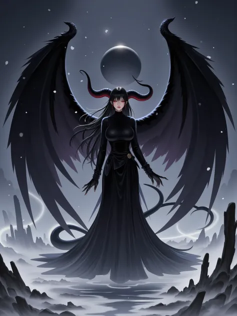 (masterpiece, high resolution, dark:1.2), Ominous silhouette of a malevolent demon, (breath:1.1), (Glittering red eyes:1.3) Penetrating Shadows, (Flowing ebony hair:1.2) Sharp horns cascade down from her forehead, (Scary black wings:1.2) expanded, Casting ...