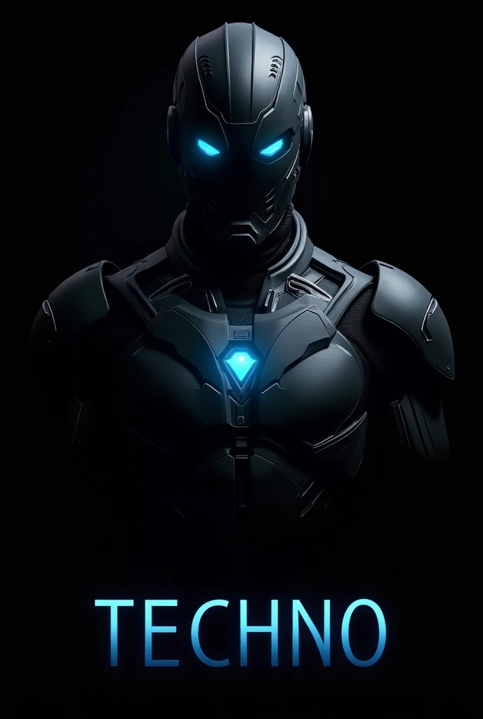 Create an image for novel. One black science fiction combat suits with blue eyes in black blank background. Has five sided diamond shaped unibeam at its chest. Put big blue word Techno at bottom as title.