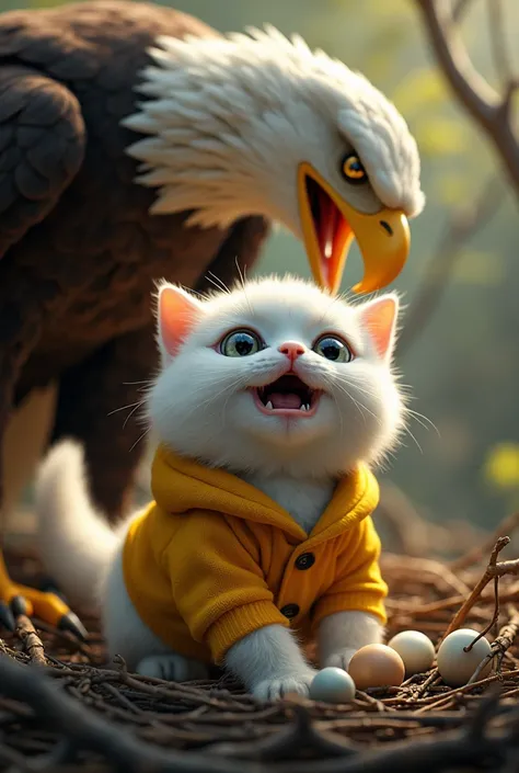  Little white Persian cat wearing yellow shirt, mouth open,  expression scared crying looking at mother eagle , induk burung elang  mouth open ekspresi kaget melihat kucing,   there are 3 eagle chicks and two eagle eggs, eagle nest background 