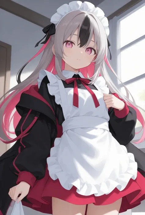 Unkempt black white two-tone hair pink and gray Odd-eye servant maid