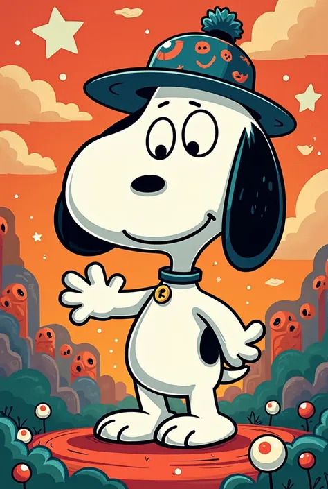 Create a cute cartoon character in the style of Takashi Murakami but make him a bit bad and make him  like snoopy but not look like snoopy  