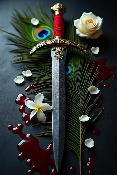  Arabian-style black sword made of Damascus steel, with a red cloth bound handle , on a green peacock feather ,White jasmine flowers,and a white rose , exposed to a red blood droplet patch ,set in black steel ,in the dark,ultra realistic,detail, photograph...