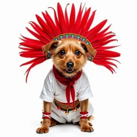  The little dog in the photograph dressed as a machetero Beniano , , highlighting on its head the majestic headdress of bright red feathers arranged in the shape of a fan ,  held together by a circular tacuarilla structure that surrounds their canine head ...