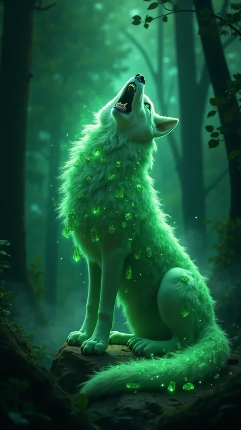 *"Deep within the heart of the enchanted forest, a divine being awakens—a wolf infused with the very essence of an emerald gemstone. Its fur glows with an ethereal green radiance, crystalline fragments growing along its back and limbs, reflecting the magic...