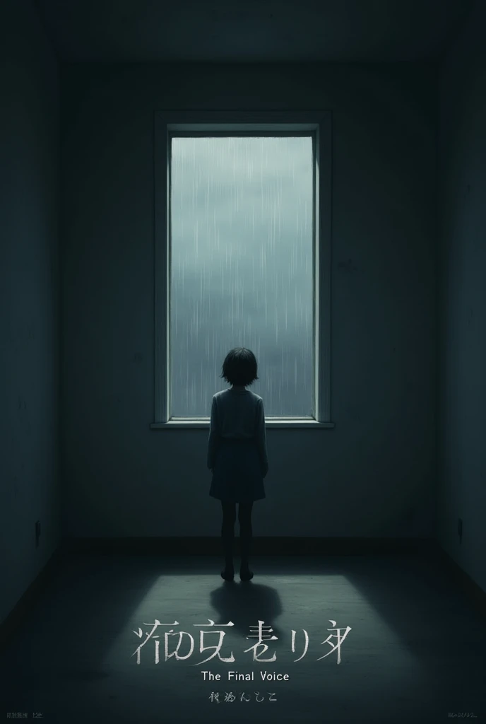 An emotional, moody album cover for an indie song titled “終わりの声 (The Final Voice)”. The artwork features a dimly lit, empty room with shadows creeping along the walls, symbolizing loneliness and inner turmoil. A single window reveals a grey, overcast sky o...