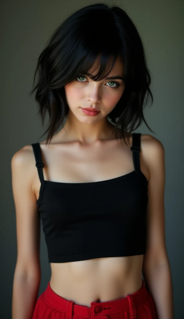 Black hair, green eyes, short hair, European beauty, Caucasian, a realistic girl, soft portrait shot 8 k, frightened look, skinny, young and cute girl, pale skin, photography. soft lighting, young alternative girl, wearing crop black top and lowered red mi...