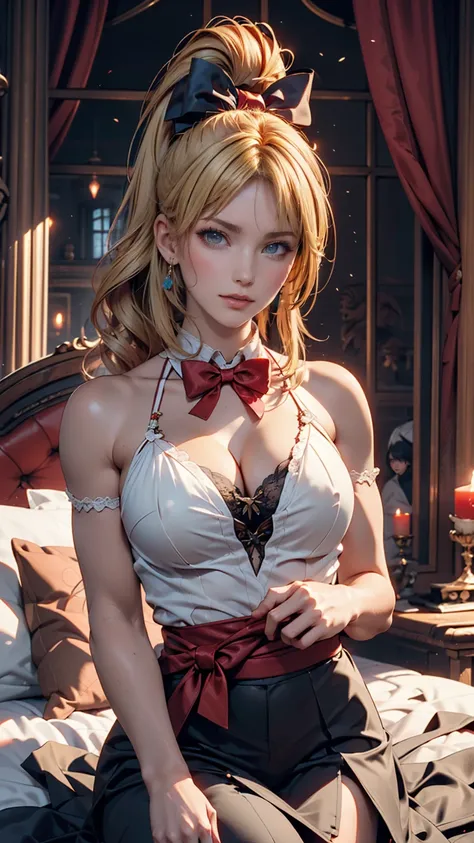  Masterpiece,  super high quality CG ,  top quality, Perfect photo, Alone,  Lydia Sobieska (Iron Fist,  Blonde hair with a high ponytail,  blue eyes,   Red Hair Bow, strong),  in a European mansion,  sits on the bed,   sideways ,  blanking,  shoulder out, ...