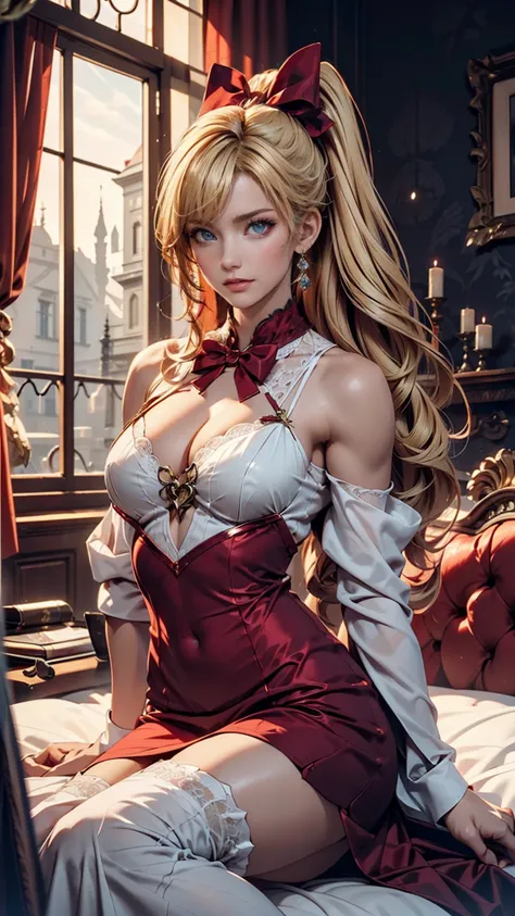  Masterpiece,  super high quality CG ,  top quality, Perfect photo, Alone,  Lydia Sobieska (Iron Fist,  Blonde hair with a high ponytail,  blue eyes,   Red Hair Bow, strong),  in a European mansion,  sits on the bed,   sideways ,  blanking,  shoulder out, ...