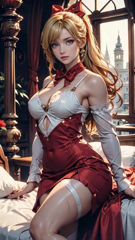  Masterpiece,  super high quality CG ,  top quality, Perfect photo, Alone,  Lydia Sobieska (Iron Fist,  Blonde hair with a high ponytail,  blue eyes,   Red Hair Bow, strong),  in a European mansion,  sits on the bed,   sideways ,  blanking,  shoulder out, ...