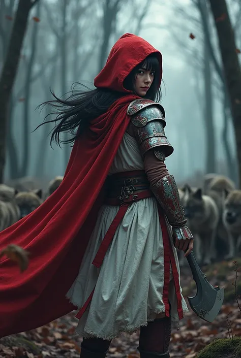  top quality,   ultra high resolution、(( girl)), battle axe that wears lightning、 semi-long black hair, brown eyes, Little Red Riding Hood,A costume that looks like a white and red armor、Desolate Forest ,Surrounded by a pack of wolves