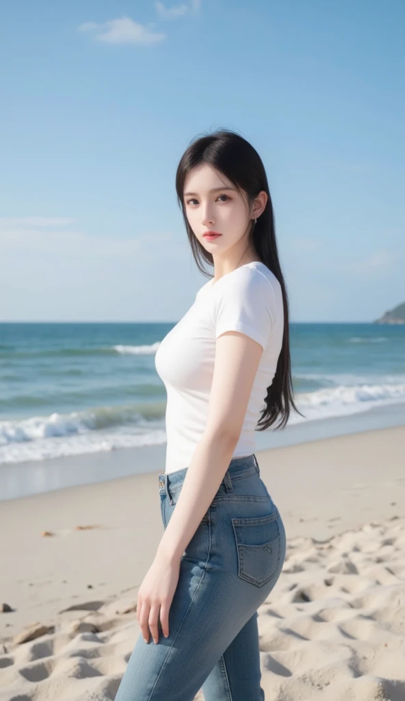 From the picture showing an elegant beautiful young girl with smooth luminous white skin and stylish fashion short sleeve t-shirt white jeans black blue jeans beach landscape clear blue sky beach panorama 