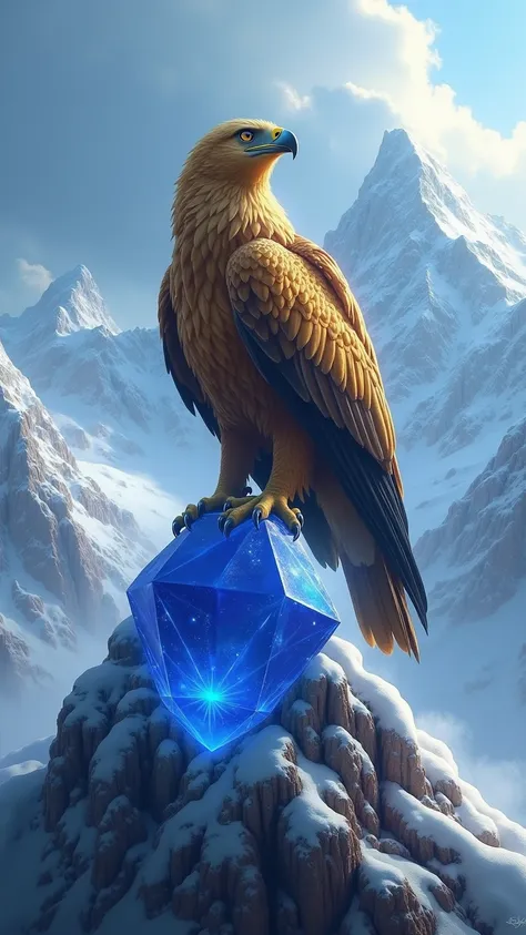 *"Perched atop a jagged peak in the heart of a frozen mountain range, a majestic golden eagle stands with unwavering authority. Its piercing gaze surveys the land as if it sees beyond the horizon, a guardian of the ancient sapphire that rests beneath its t...