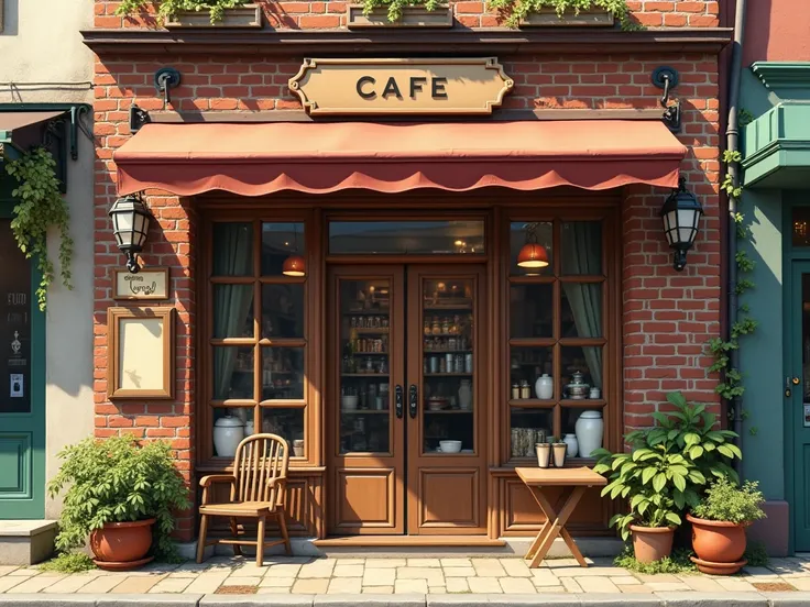 One-story cafe with old brick exterior and wooden framed glass doors