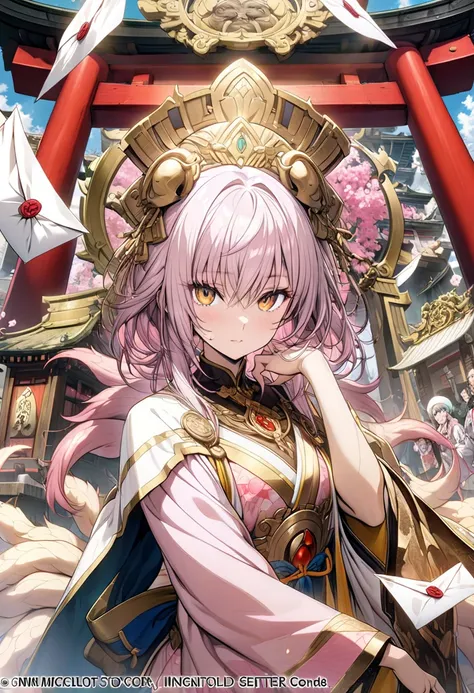 ( top quality,  borrowed letter  ,  official art ,  beautiful and aesthetic :1.2) Torii gate ,  priestess mask from the sanctuary fund, nine-tailed fox, mulher nine-tailed fox, Higanbana Flowers , pink and gold kimono,  pink hair,  golden eyes,  fair skin ...