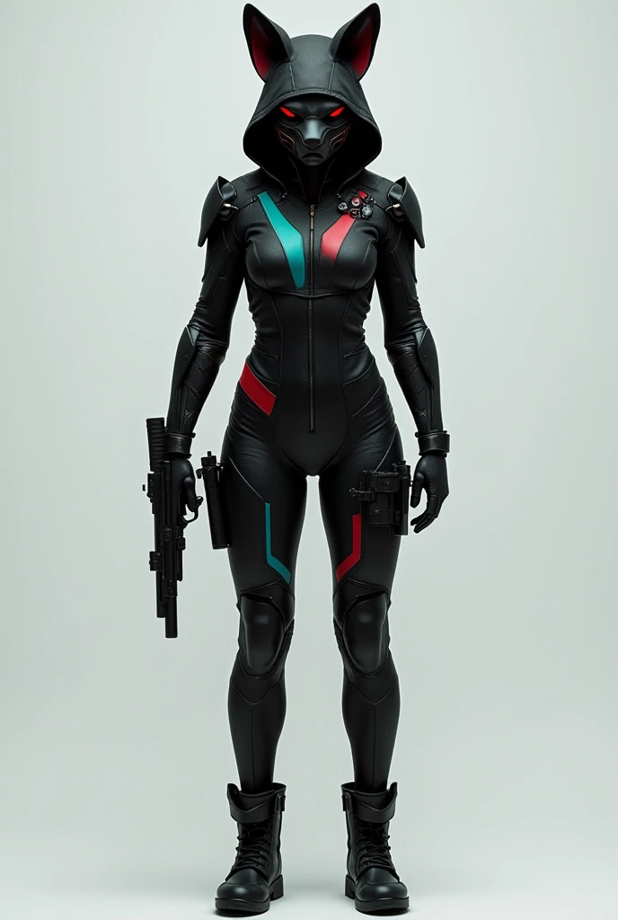 Suit is a tight and elastic garment made of a light and resistant material such as kevlar or black combat polyester with details in red on one side of the suit in straight and fine lines and the body and cyan green on the other in softer and finer lines th...