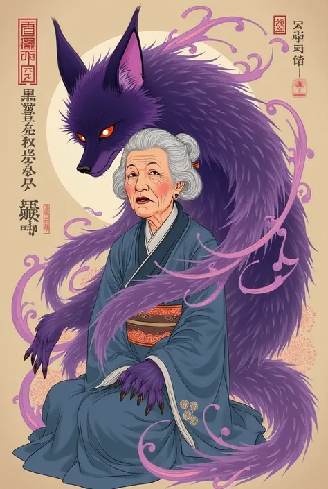 Ukiyo-e: purple fox yōkai possessing an elderly woman.