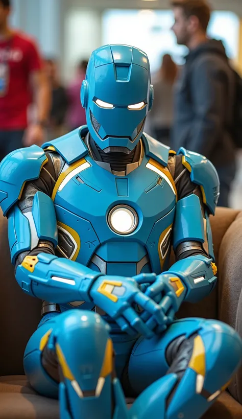 character: 1 Young Man With a full head mask.

action: Sitting relaxed on the sofa. Facing forward. All parts of the chair are visible.



Costume : futuristic Light blue ironman armor with futuristic yellow and white accents. the armor wear is very futuri...