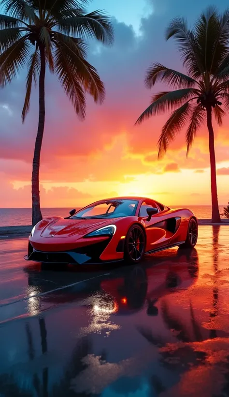  The image shows a spectacular sunset with vibrant orange and blue tones,  reflected on a wet surface ,  and a modern sports car parked in the foreground . Tall palm trees frame the scene ,  which contributes to the tropical environment .very detailed, hdr...