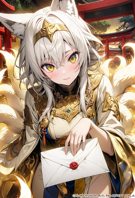 ( top quality,  borrowed letter  ,  official art ,  beautiful and aesthetic :1.2) Torii gate ,  priestess mask from the sanctuary fund, nine-tailed fox, mulher nine-tailed fox, Higanbana Flowers , white and gold kimono,  white hair,  golden eyes,  fair ski...