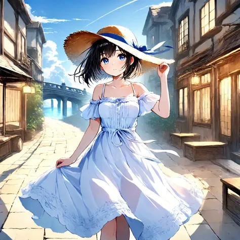  1girl , original_character, safe, a young woman in a casual summer dress with a sun hat in hand, strolling along a riverside promenade, Namama Polaris , masterpiece,best quality,amazing quality