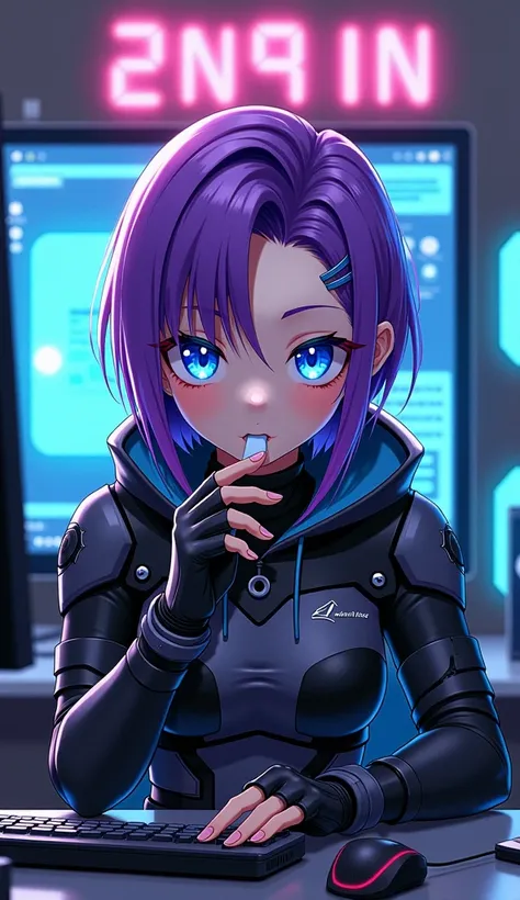 21 year old anime with purple hair,blue eyes cybertank clothes sitting in front of a computer and chewing gum