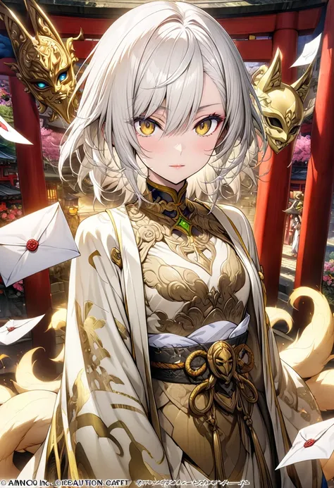 ( top quality,  borrowed letter  ,  official art ,  beautiful and aesthetic :1.2) Torii gate ,  priestess mask from the sanctuary fund, nine-tailed fox, mulher nine-tailed fox, Higanbana Flowers , white and gold kimono,  white hair,  golden eyes,  fair ski...