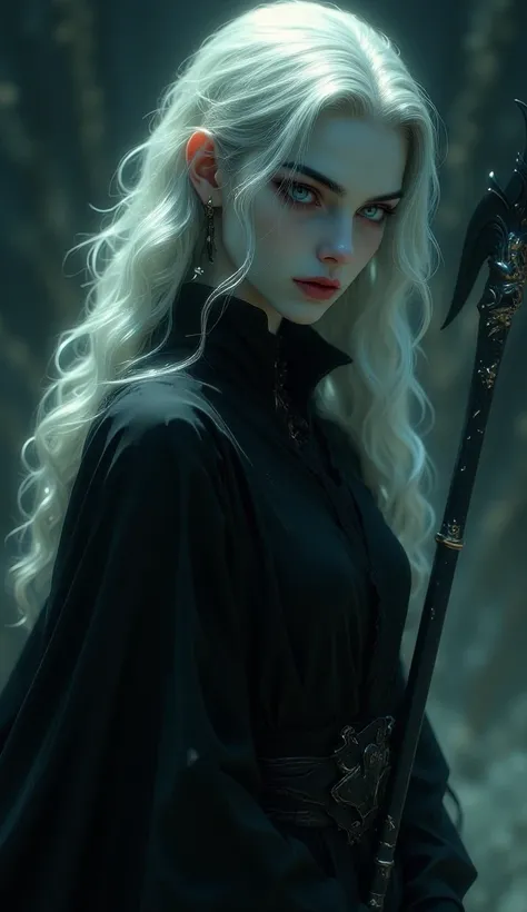 A Renaissance-style, full-body character design of A woman with ethereal beauty, beautiful but terrifying, with totally white eyes, ashy white hair, pale skin, wearing a black robe surrounded by a black aura and carrying the sickle of death, her presence g...