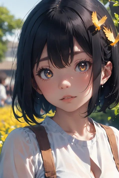 Elegant girl in white, orange and yellow themed anime outfit against the backdrop of a medieval fantasy world. Blue hair bob cut, graceful and beautiful girl, girl playing with a little bird, little bird with red breast and blue-gray to light gray themed, ...