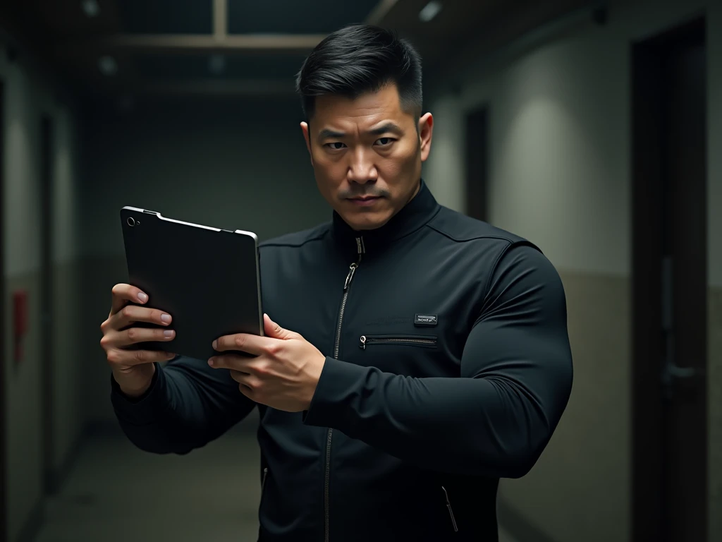 Muscular male Korean agent in his 30s holding a Samsung tablet