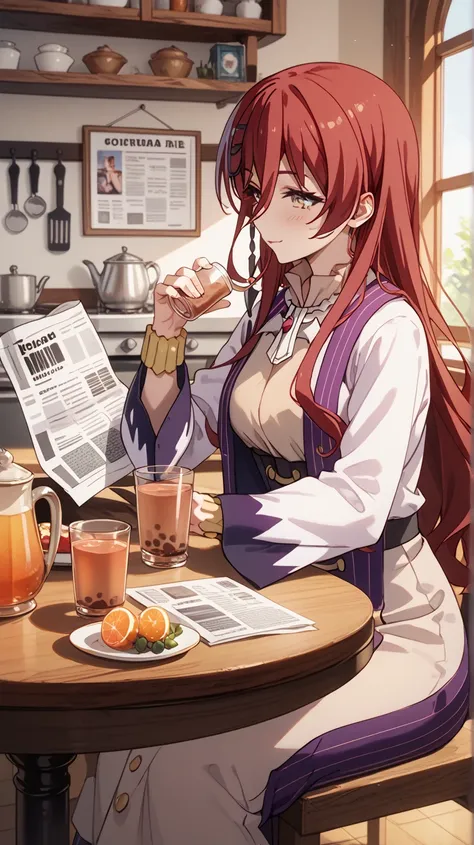 grimm grimoire, grimm grimoire from Sentouin, Hakenshimasu! , cm height cleavage, sexy body, perfect tits, hourglass figure, blush, woman with long red hair, sits at the kitchen table, reads a newspaper, drinks tea from a white mug,