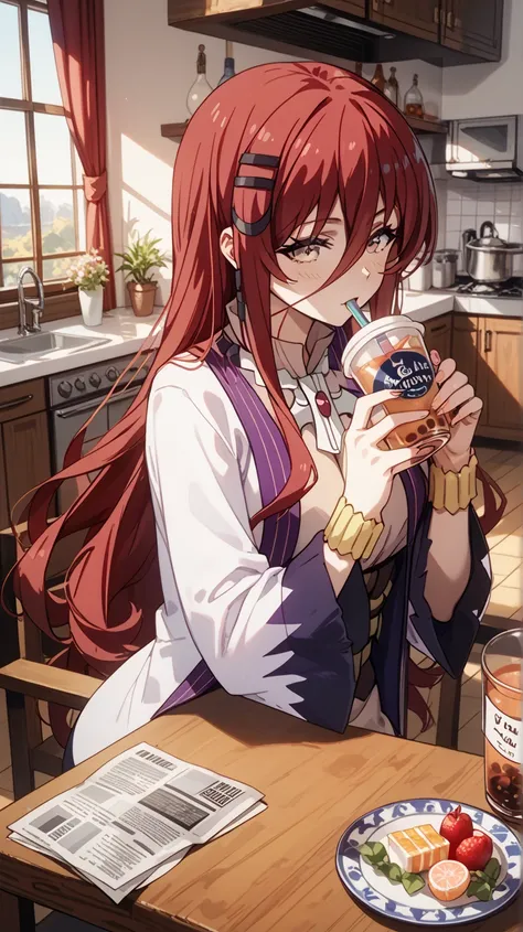 grimm grimoire, grimm grimoire from Sentouin, Hakenshimasu! , cm height cleavage, sexy body, perfect tits, hourglass figure, blush, woman with long red hair, sits at the kitchen table, reads a newspaper, drinks tea from a white mug,