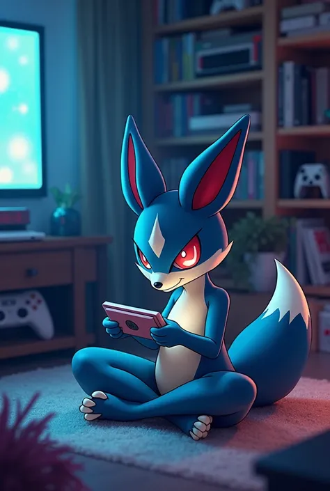 Pokemon Lucario playing video games 