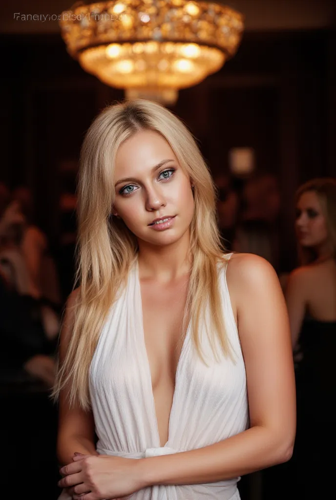 A sultry beauty stands poised in a dimly lit bar, her golden locks cascading like a waterfall down her shoulders. She's draped in a sheer white mini dress, cinched at the waist by a tie, teasingly revealing her cleavage. Her piercing blue eyes sparkle like...