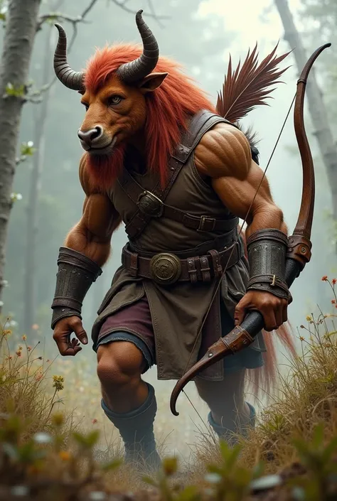  A brave-looking minotaur ,  his fur is brown and his hair is red . He wears leather armor ,  adventure equipment and a feather behind his back .  He has a bow that he holds to himself ,  the bow has a very technological appearance .  The minotaur's postur...