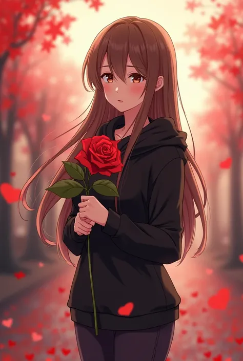 A brown-haired, long-haired anime woman wearing a black sweater with a long-sleeved hood, long pants, holding a rose with her left hand, aged about 20 to 25 years during Valentine's Day.