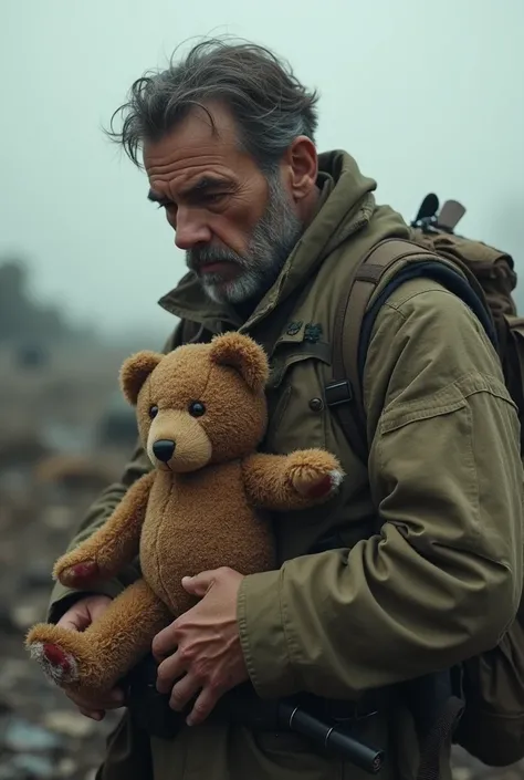 Create the story of a soldier who encounters a teddy bear in the war and grows old with it 