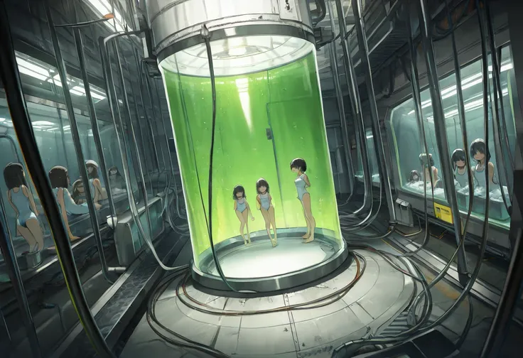 Many girls, mass-produced, Abandoned Factory,stasis tank, inside-stasis, in stasis tank, tube, cable, multiple girls,line up,line up horizontally, sukumizu, school swimsuit, white one-piece swimsuit, (masterpiece:1.2), (best quality:1.2), (very aesthetic:1...